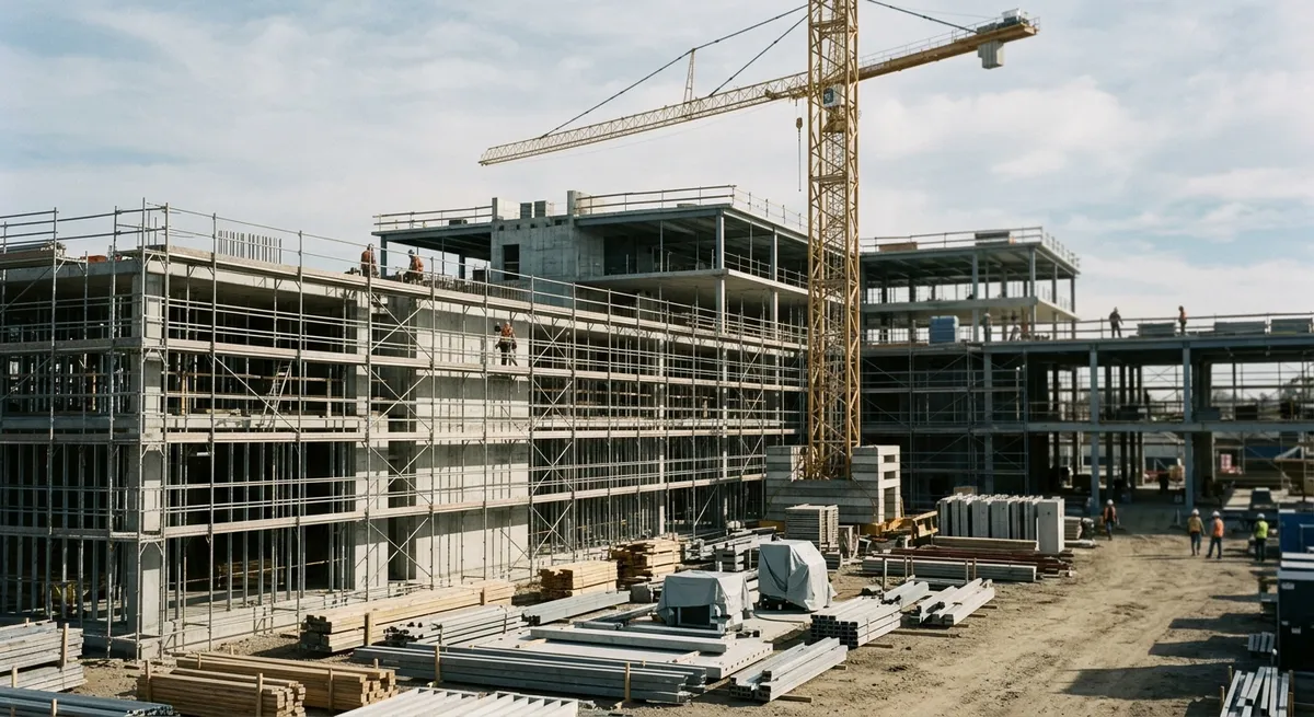 Chantier de bâtiment en cours avec grue